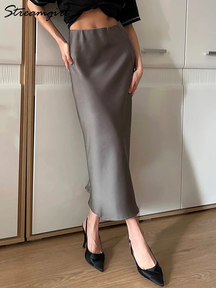 Beige Satin Midi Skirts