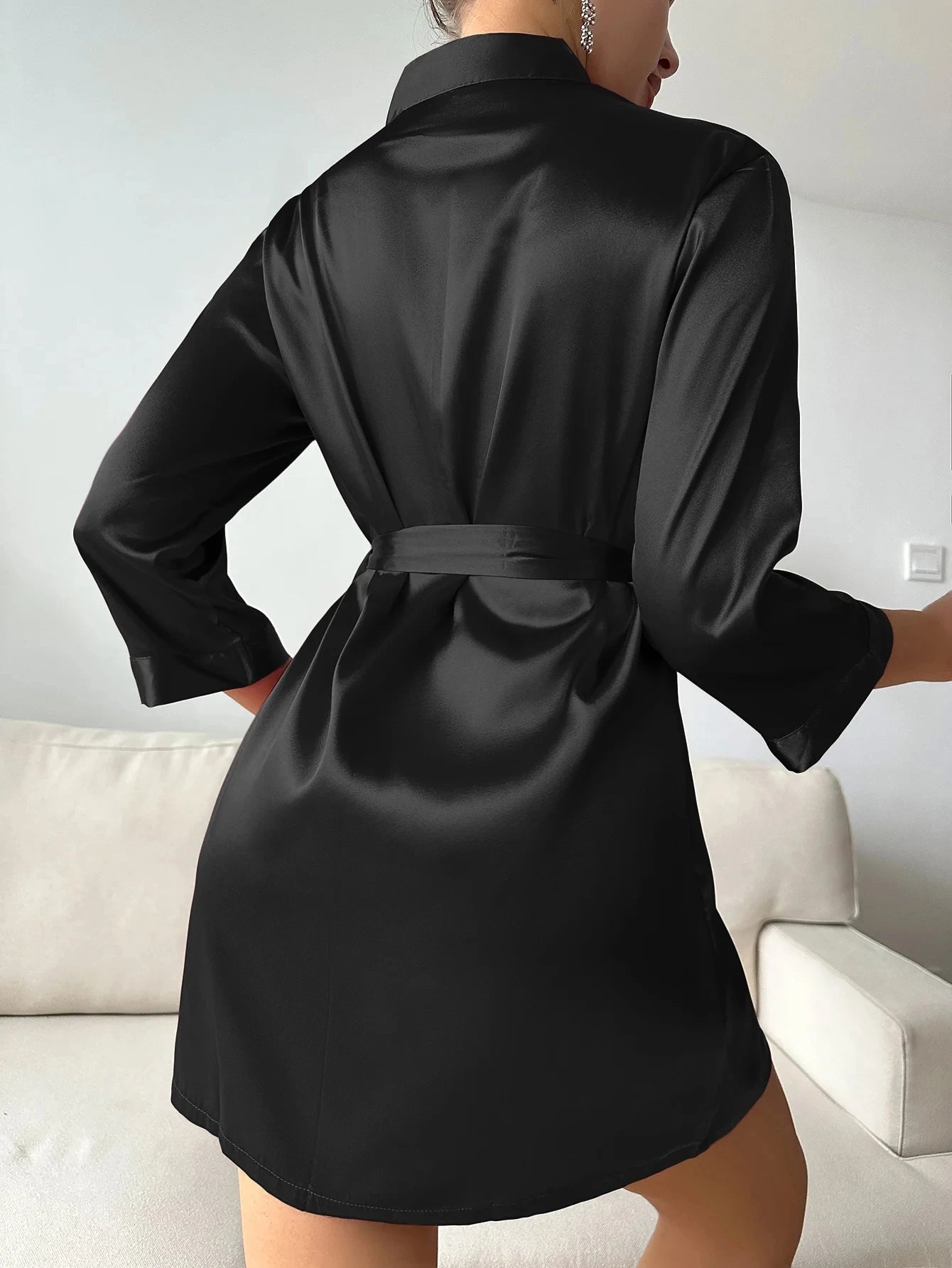 Night Robe Long Sleeve V Neck Robe With Belt