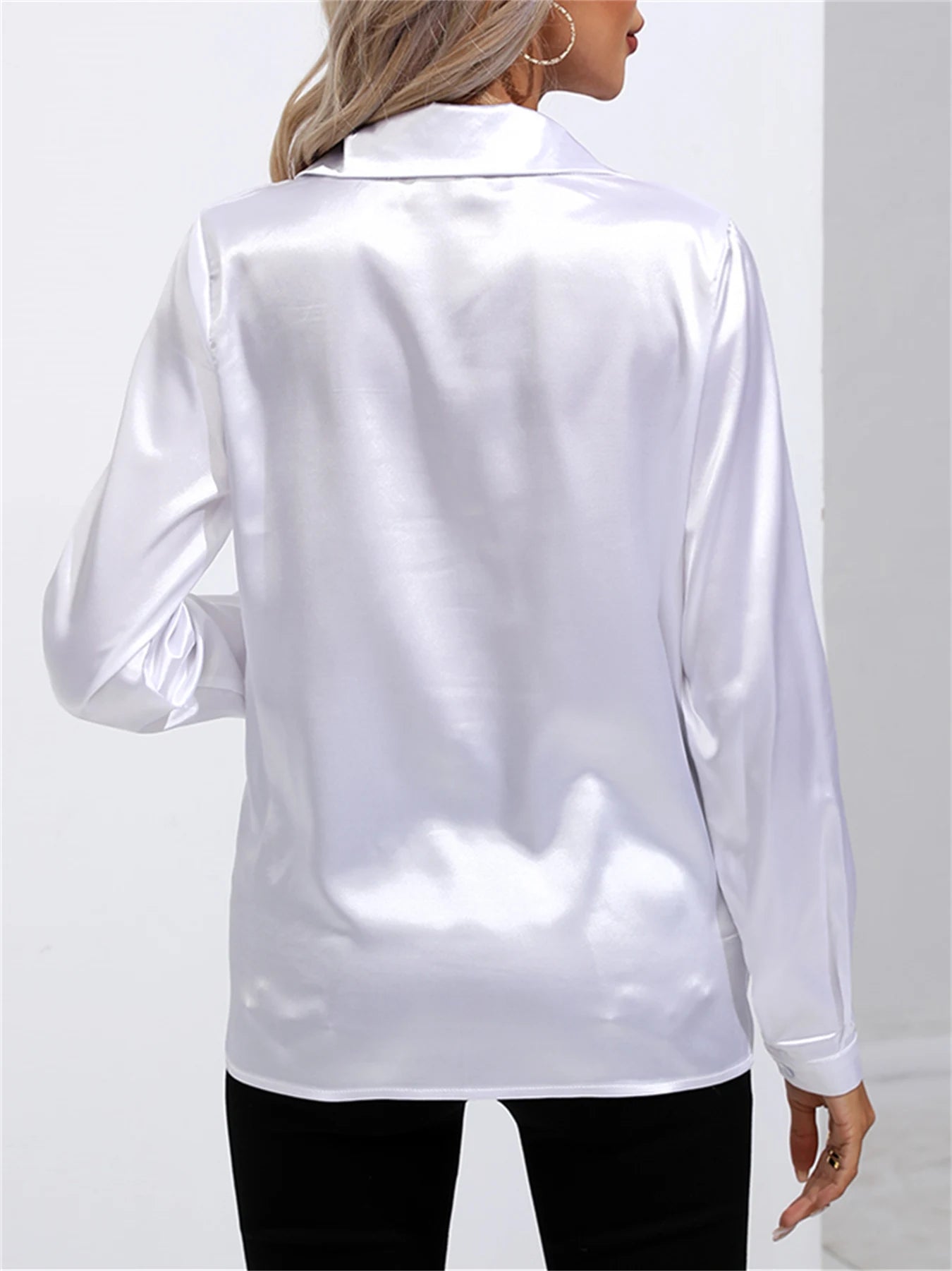 Elegant Turn-Down Collar One Button Satin Long Sleeve Shirt