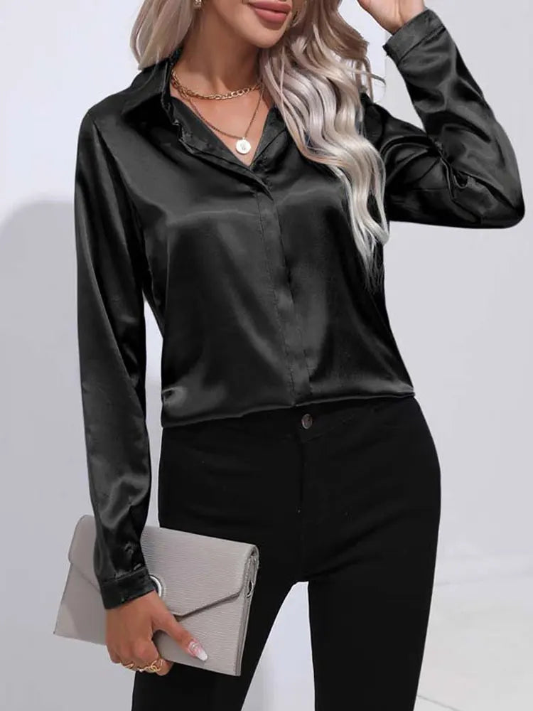 Spring Summer Satin Long Sleeve Office Shirt