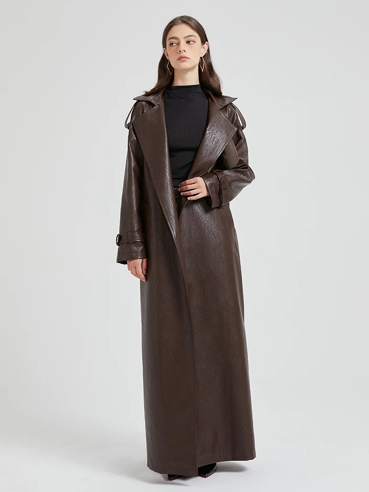 Leather Trench Coat for Women Sashes Luxury Chic Overcoat