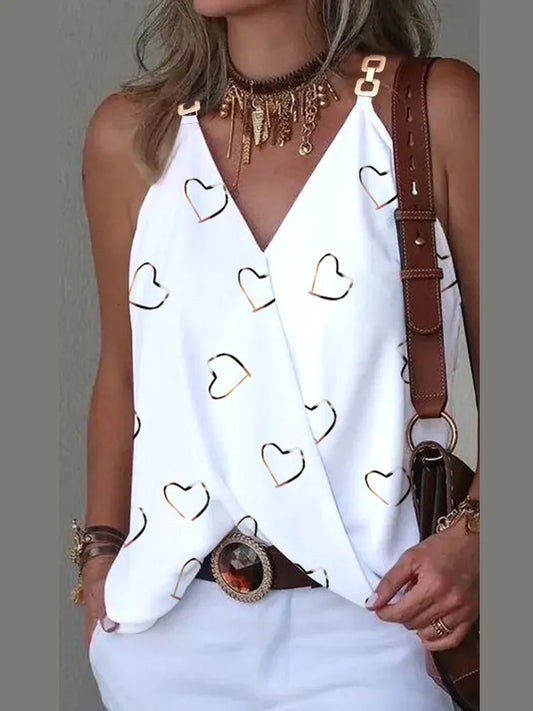 Elegant V-Neck Sleeveless Chain WhiteTops