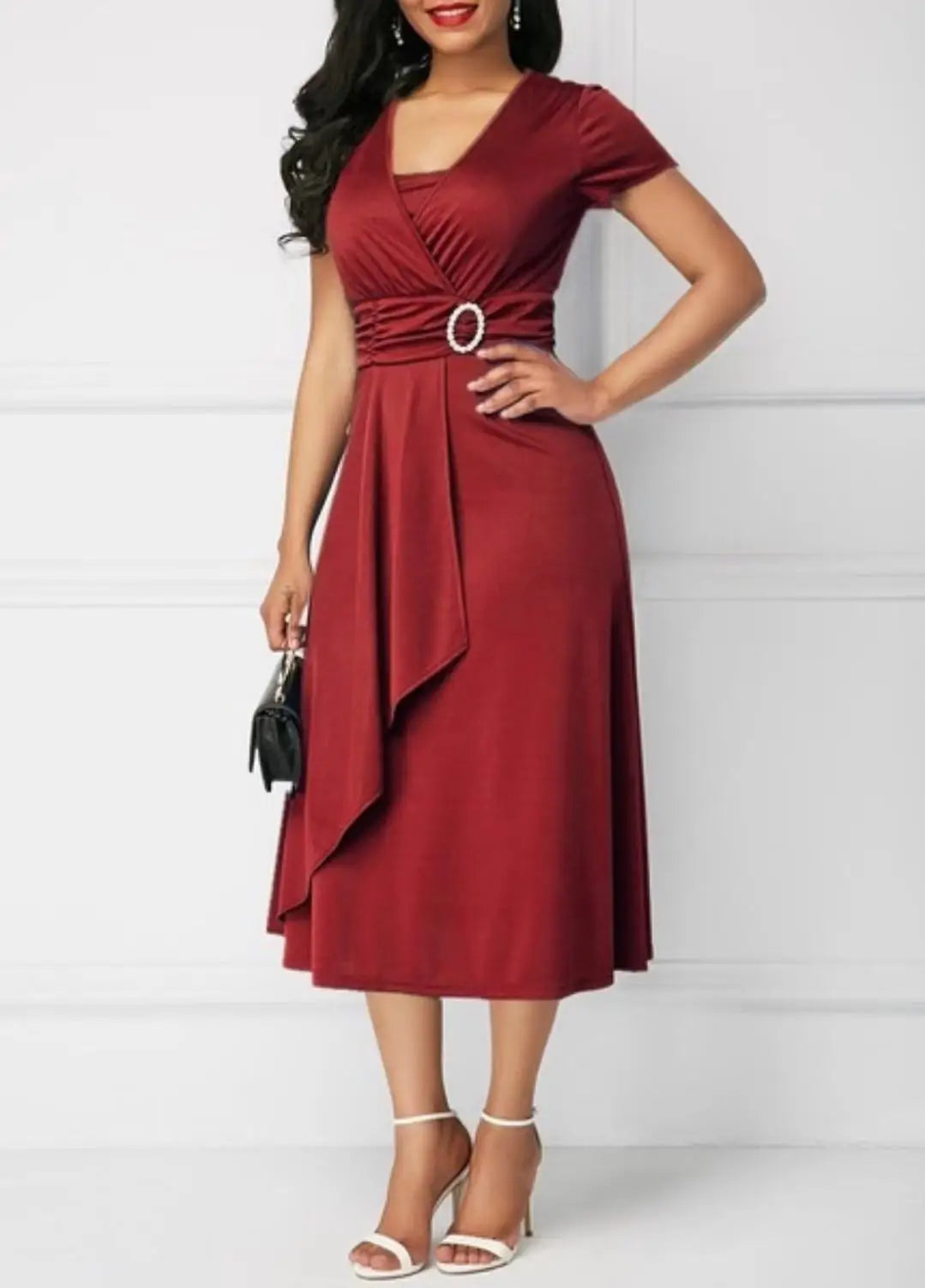 Sleeve V Neck  Waist Tight Midi Party Dress