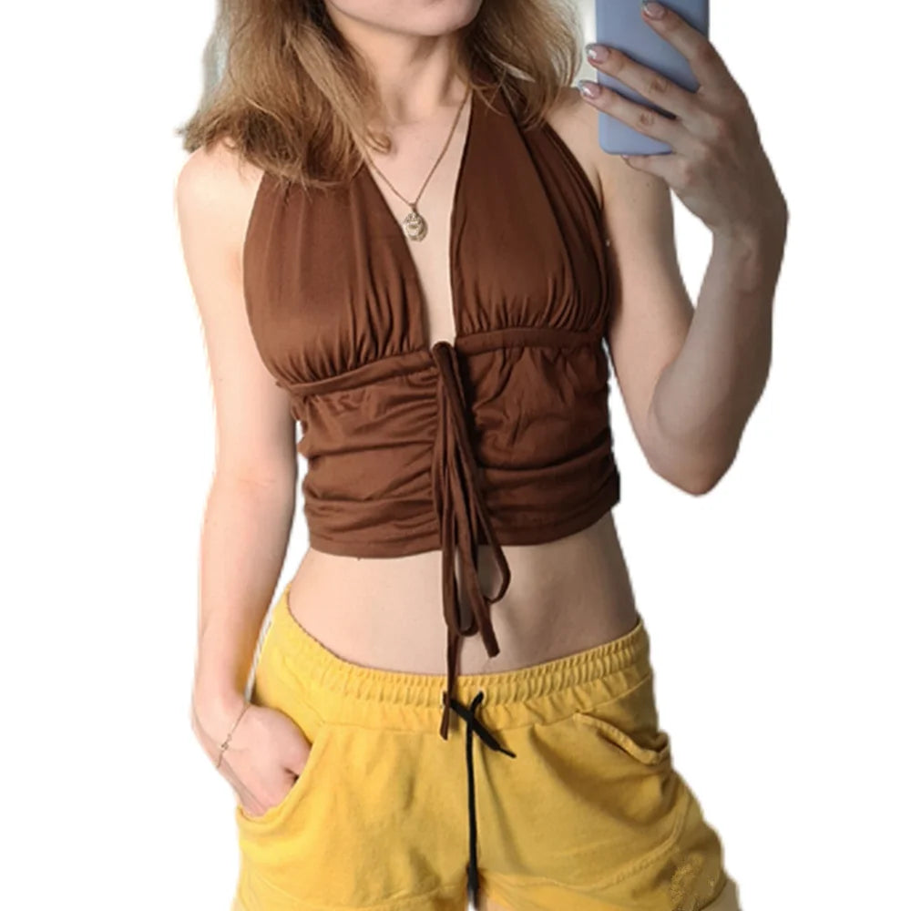 Strap Crop Tops Fashion Camisole Black Brown Halter