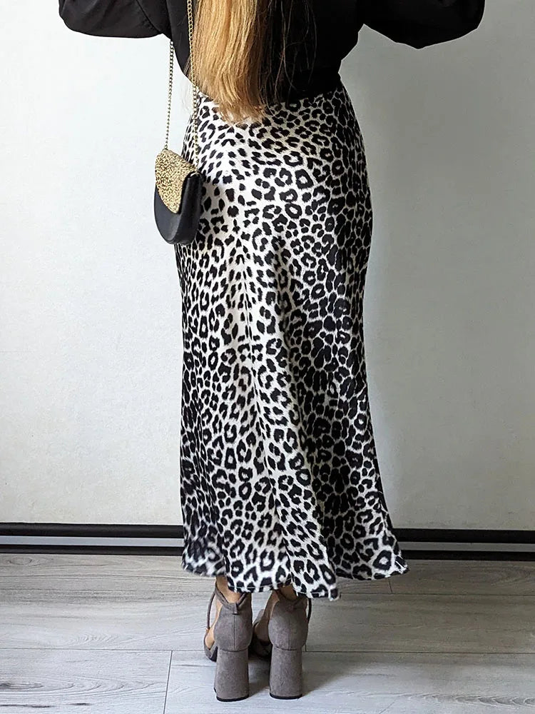 Elegant  High Waist A Line Office Slim Long Leopard Skirt