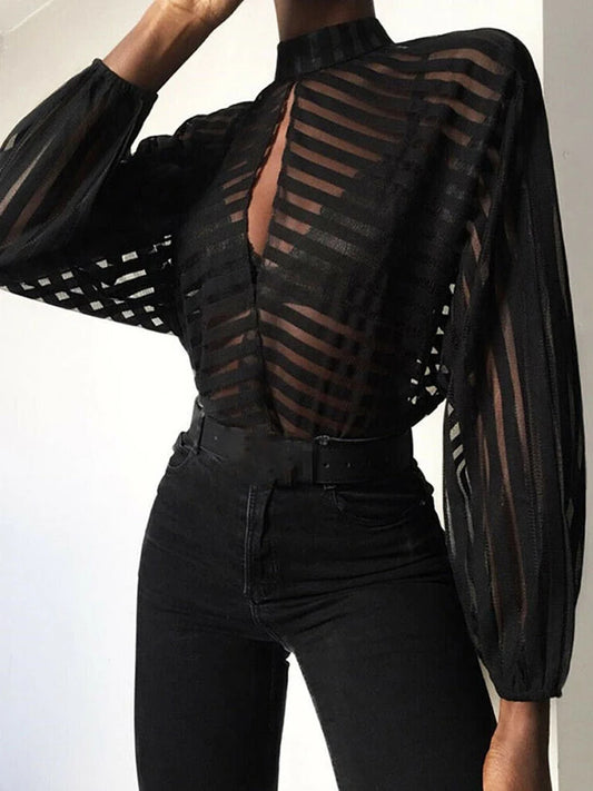 Sexy Black  Mesh Sheer Blouses