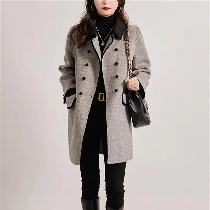 New  Winter High Quality Woolen Style Contrast Color Wool Overcoat Women