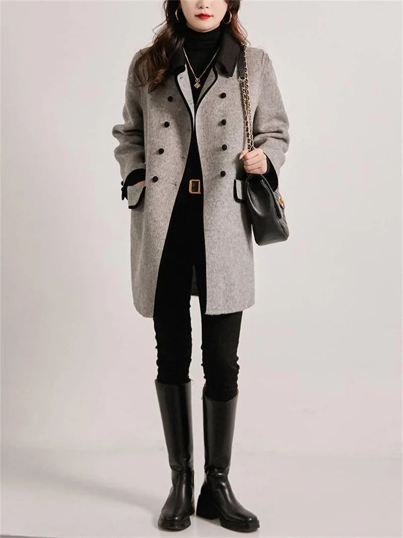 New  Winter High Quality Woolen Style Contrast Color Wool Overcoat Women