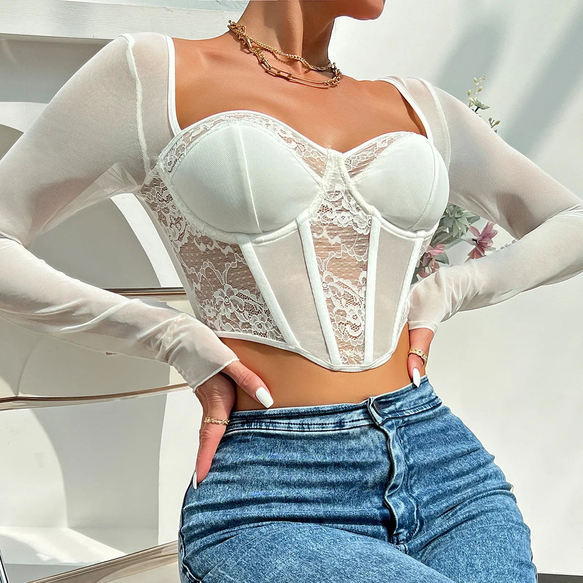 Sexy V Neck Long Sleeve Mesh Crop Top