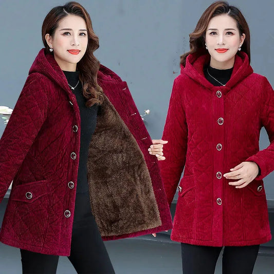 Winter Solid Loose Outwaer Female Casual Middle-aged Thicken Warm Hooded Female Overcoats