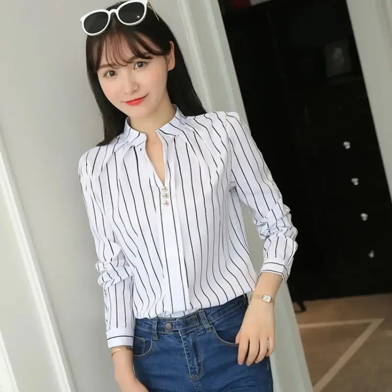 White Tops Blouses Fashion Stripe