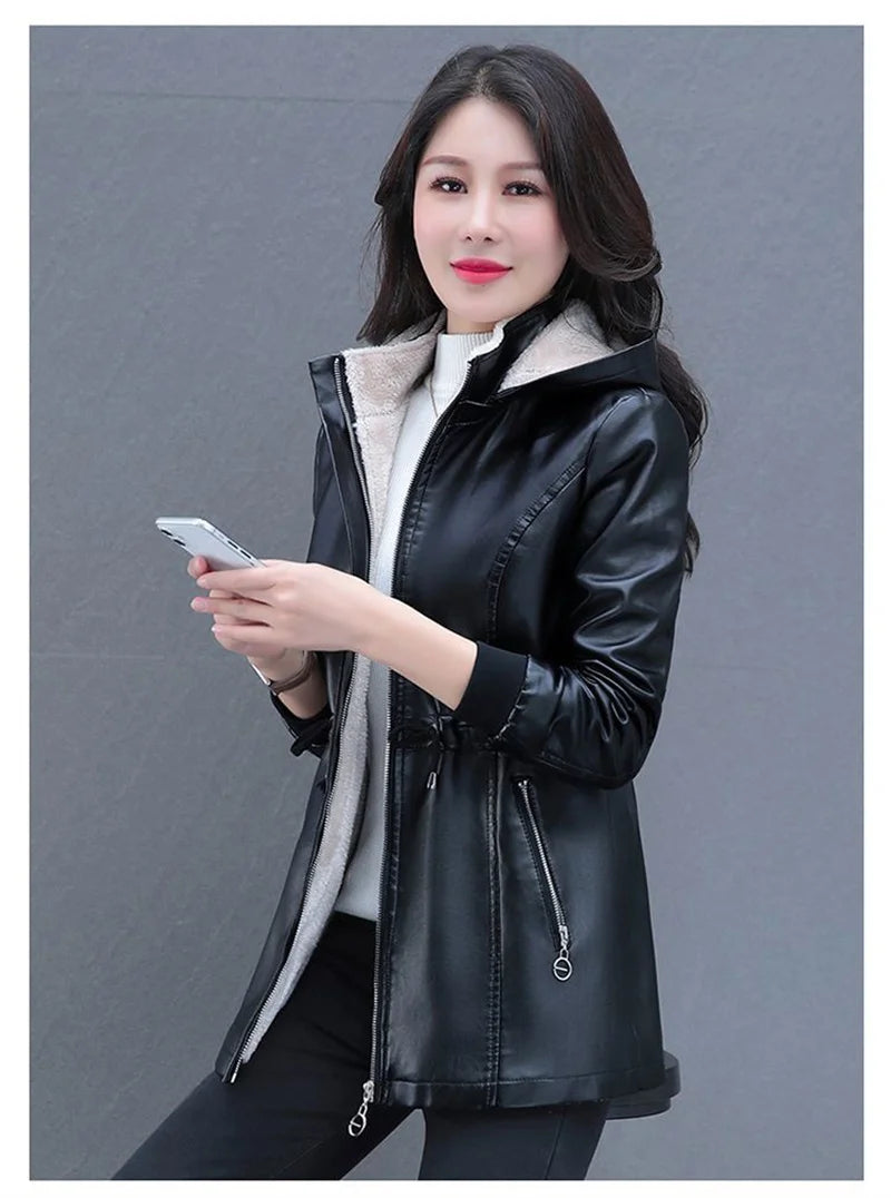 Long Sheep Leather Jacket Plus Velvet Padded Warm Coat