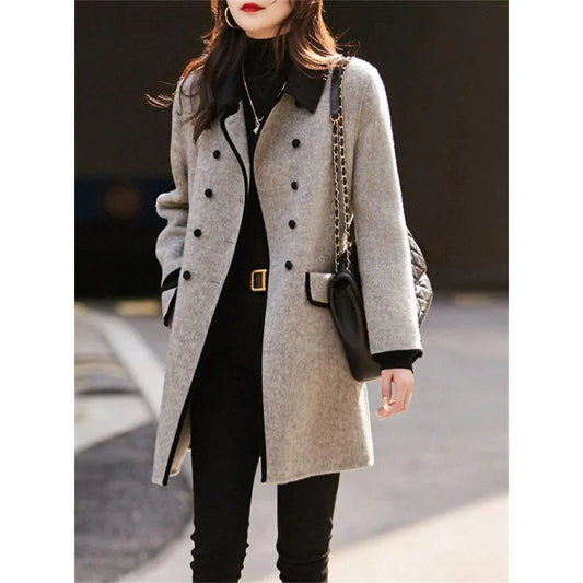 New  Winter High Quality Woolen Style Contrast Color Wool Overcoat Women