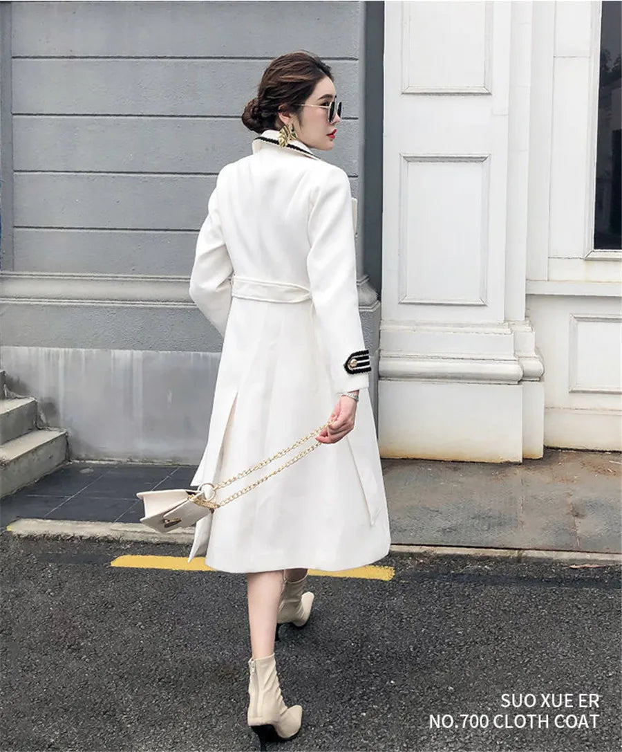 Elegant Winter Thick Warm V-Neck Belt Long Overcoat Office Lady High Quality Outwear