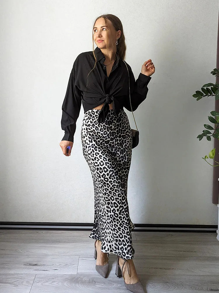 Elegant  High Waist A Line Office Slim Long Leopard Skirt