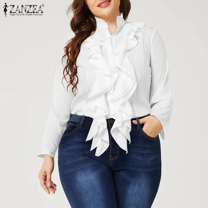 Elegant  White Blouse Ruffles Tops