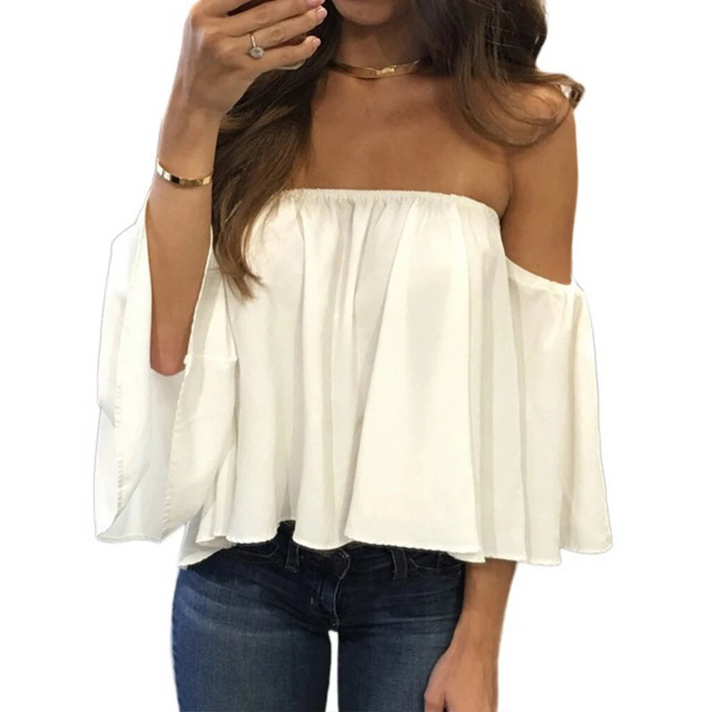 Off Shoulder Blouse Top  Slash Neck Solid