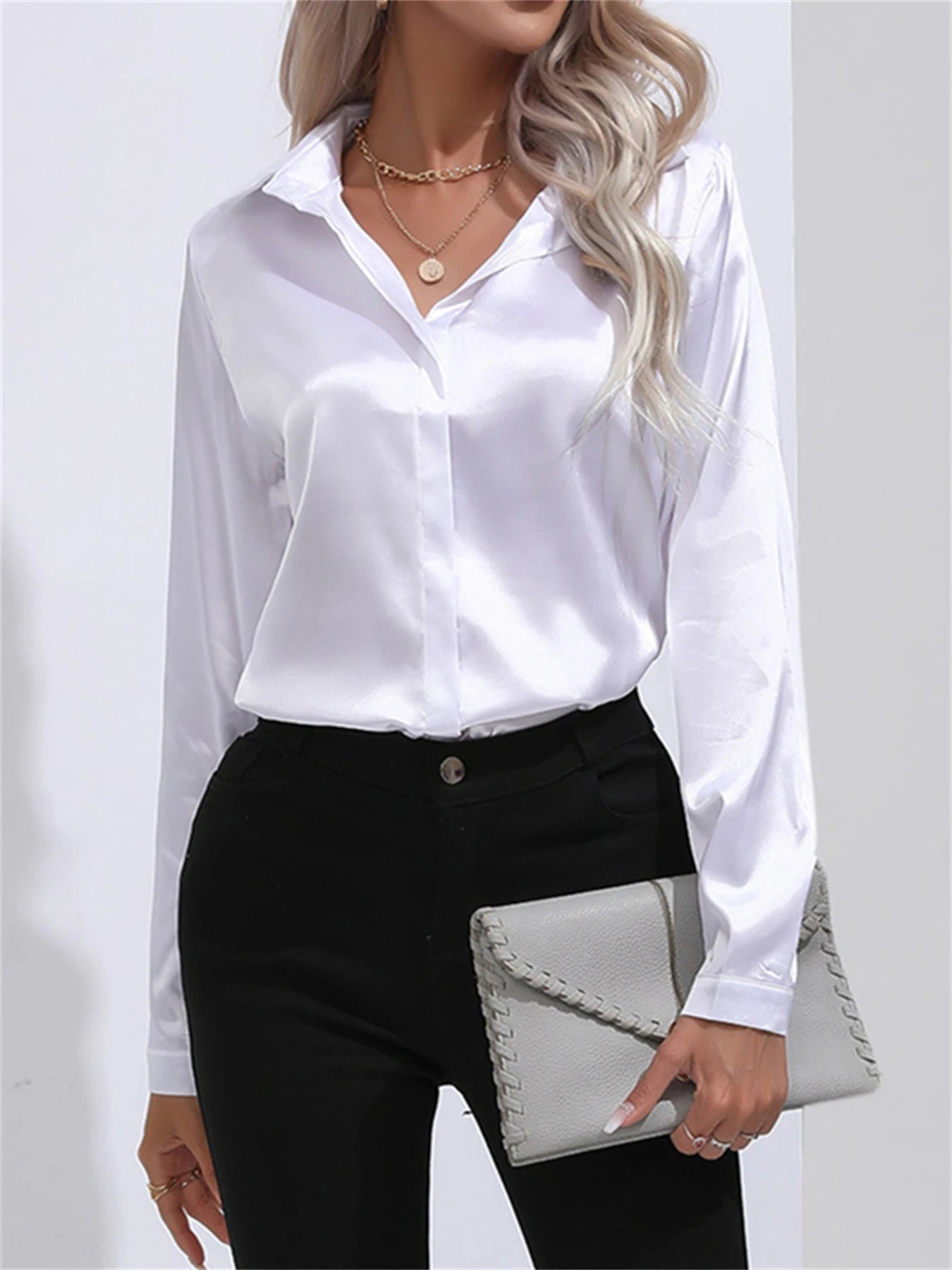 Elegant Turn-Down Collar One Button Satin Long Sleeve Shirt