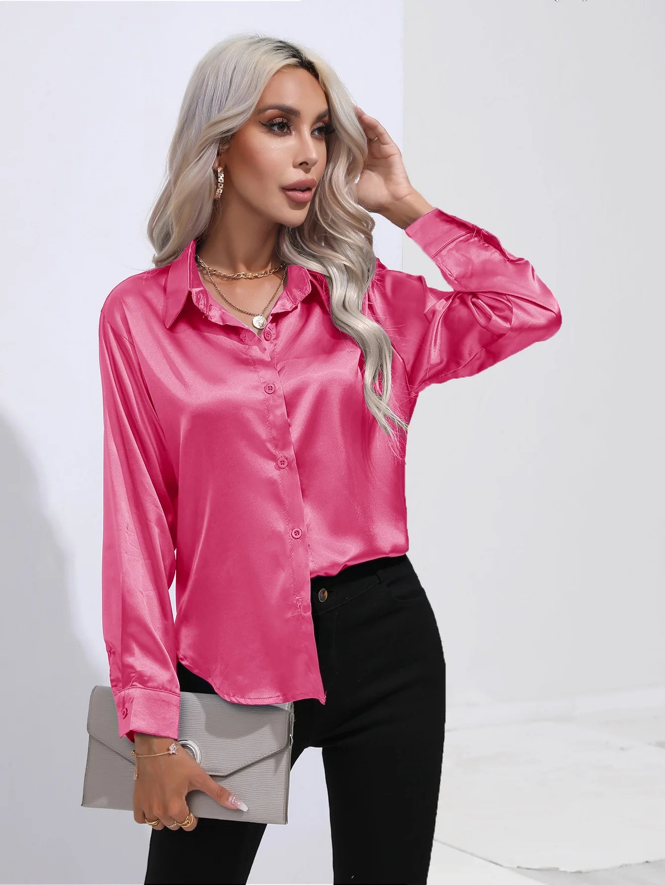 Spring Summer Satin Long Sleeve Office Shirt