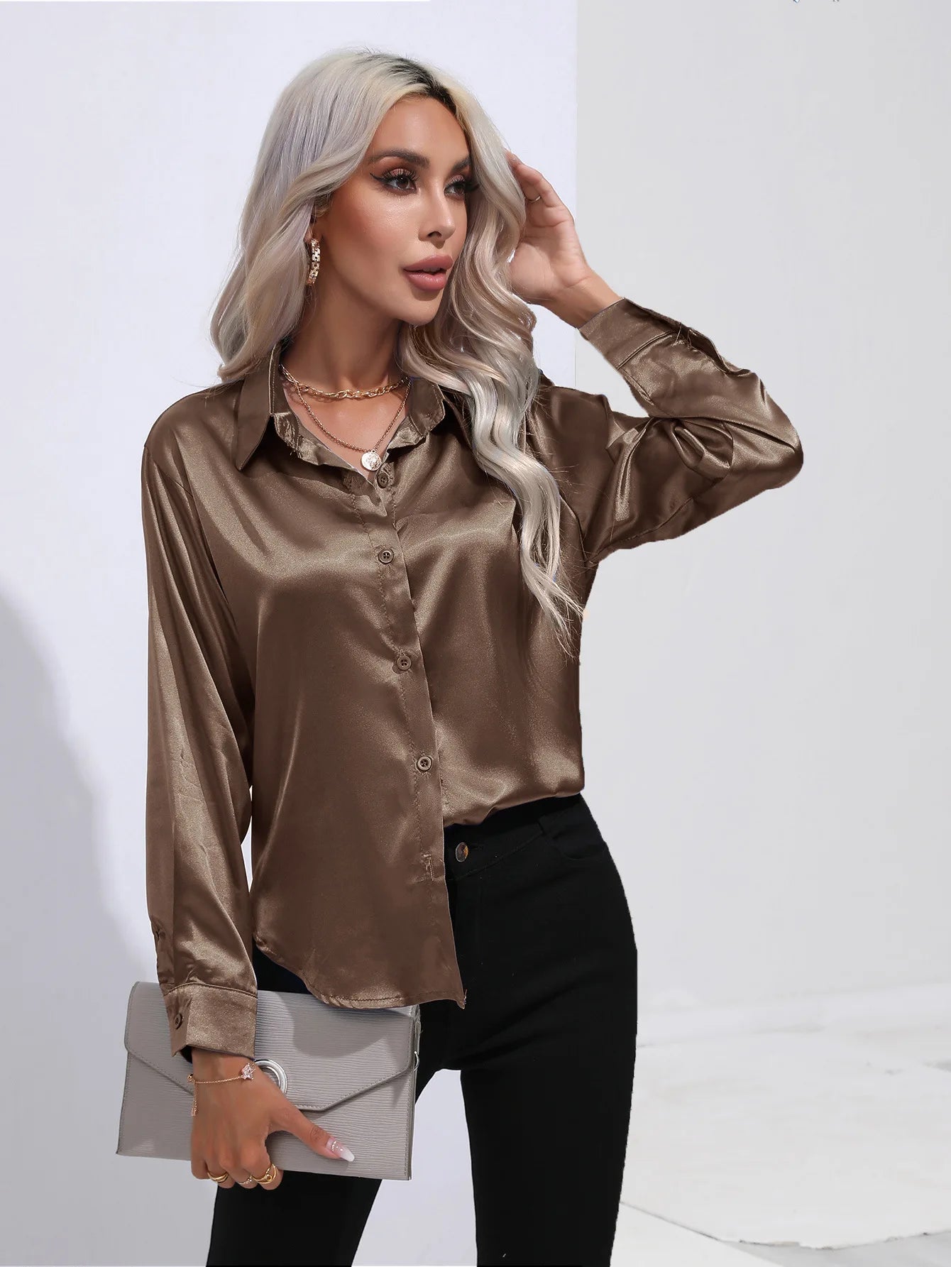 Spring Summer Satin Long Sleeve Office Shirt