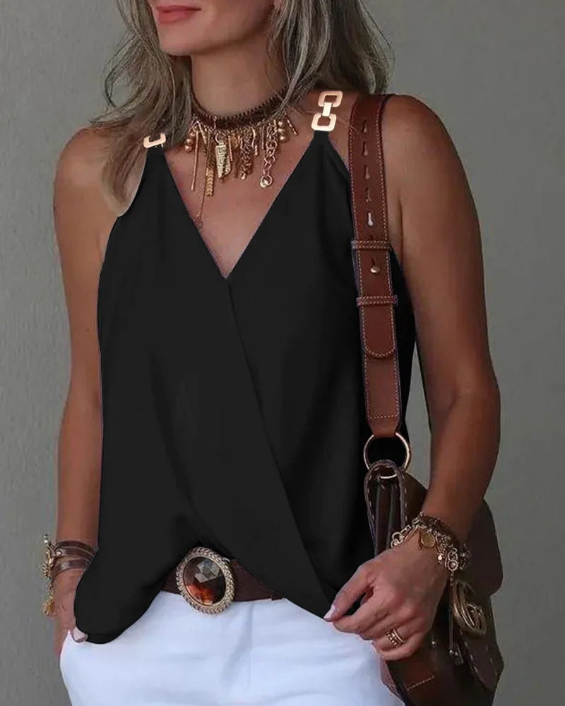 Elegant V-Neck Sleeveless Chain WhiteTops