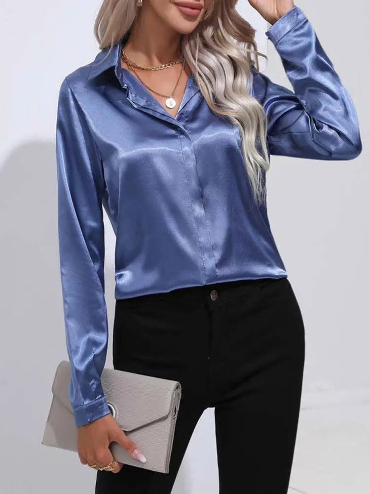 Spring Summer Satin Long Sleeve Office Shirt