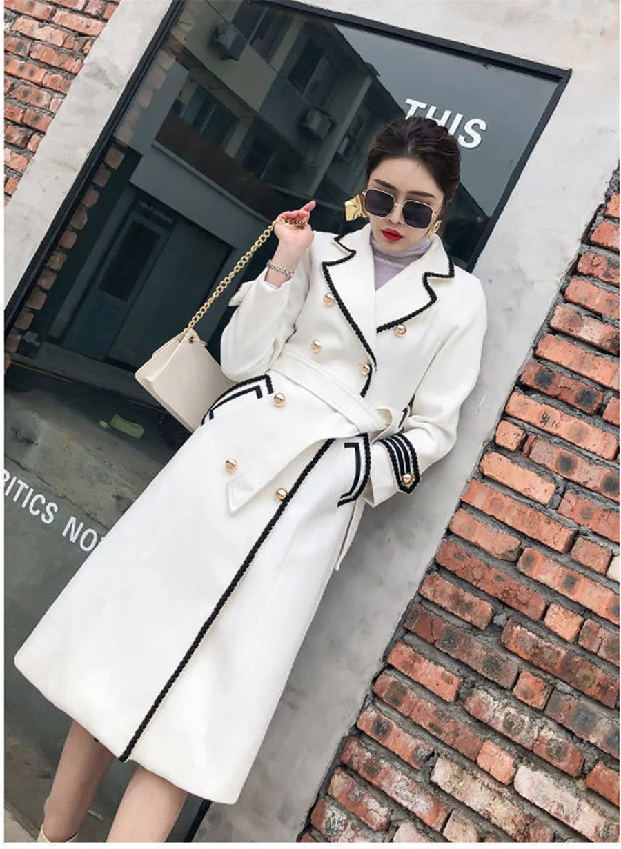 Elegant Winter Thick Warm V-Neck Belt Long Overcoat Office Lady High Quality Outwear