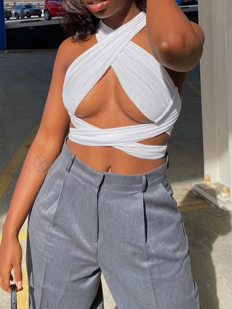 Strappy Cross Over Front Cut Out Halter  Crop Top