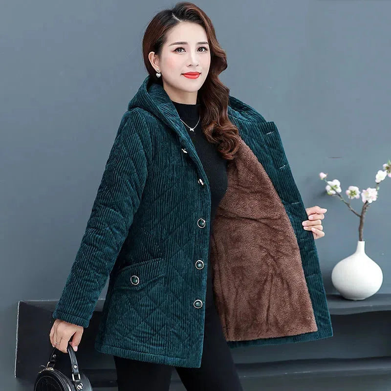 Winter Solid Loose Outwaer Female Casual Middle-aged Thicken Warm Hooded Female Overcoats