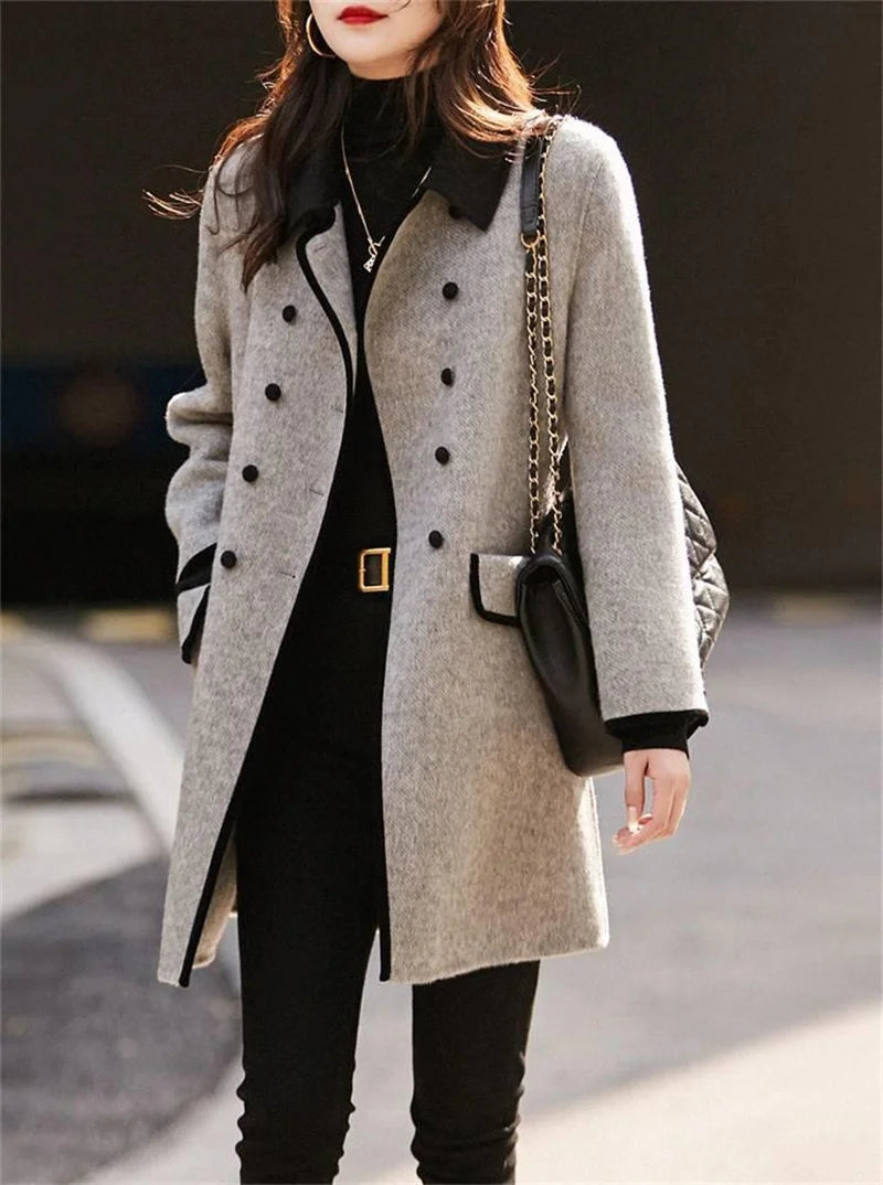 New  Winter High Quality Woolen Style Contrast Color Wool Overcoat Women