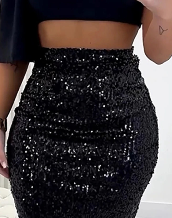 Allover Sequin Slit Skinny Midi Skirt