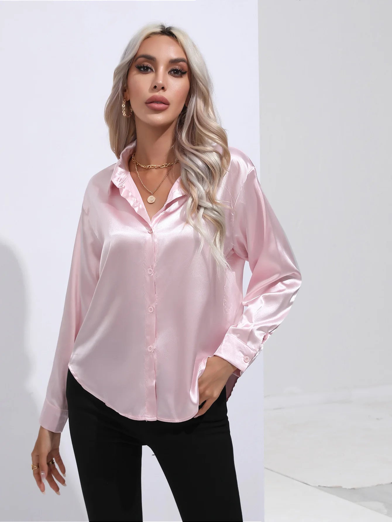 Spring Summer Satin Long Sleeve Office Shirt