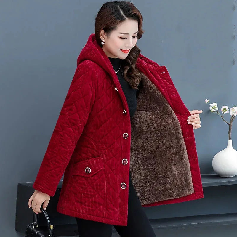 Winter Solid Loose Outwaer Female Casual Middle-aged Thicken Warm Hooded Female Overcoats