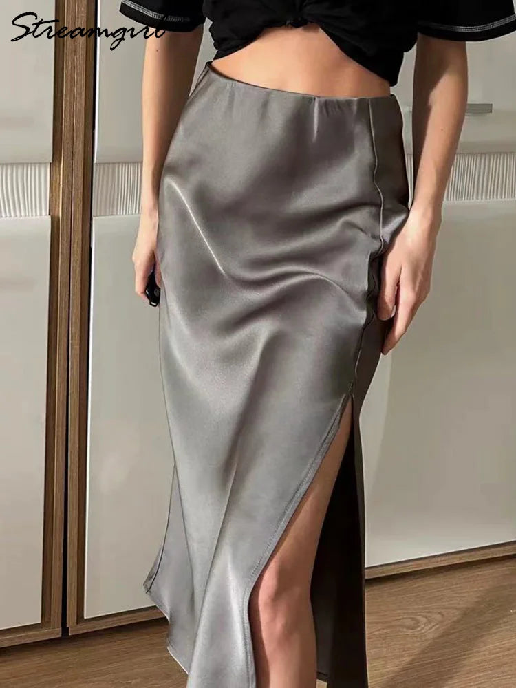 Beige Satin Midi Skirts