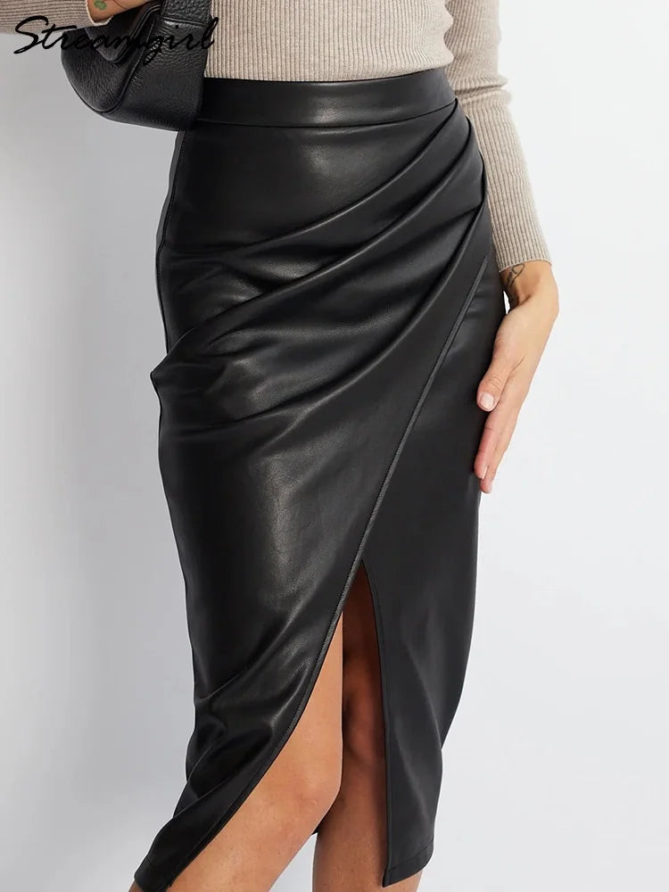 Black Faux Leather Folded Skirt