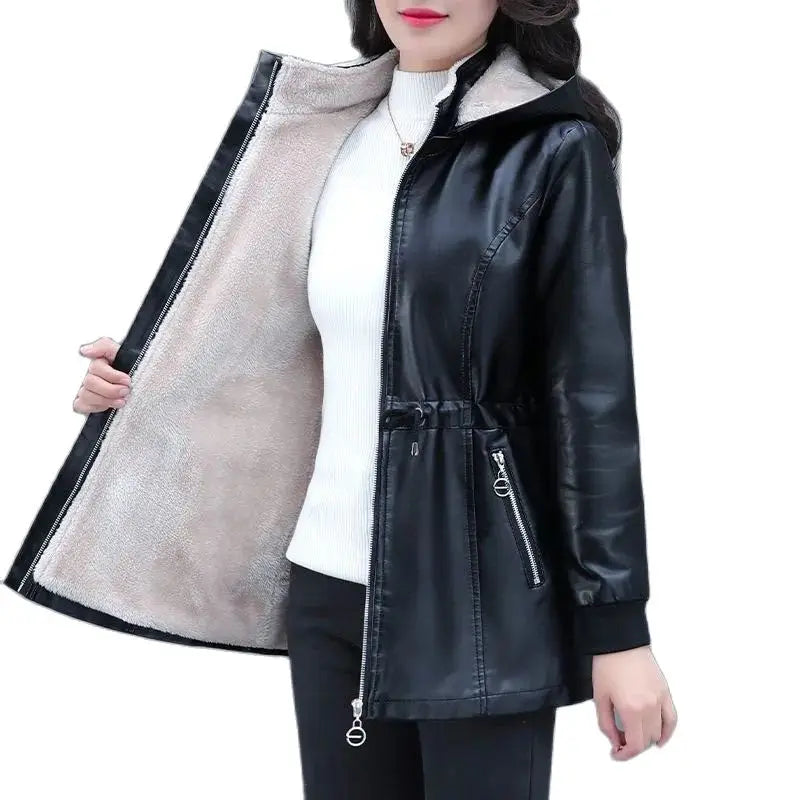 Long Sheep Leather Jacket Plus Velvet Padded Warm Coat