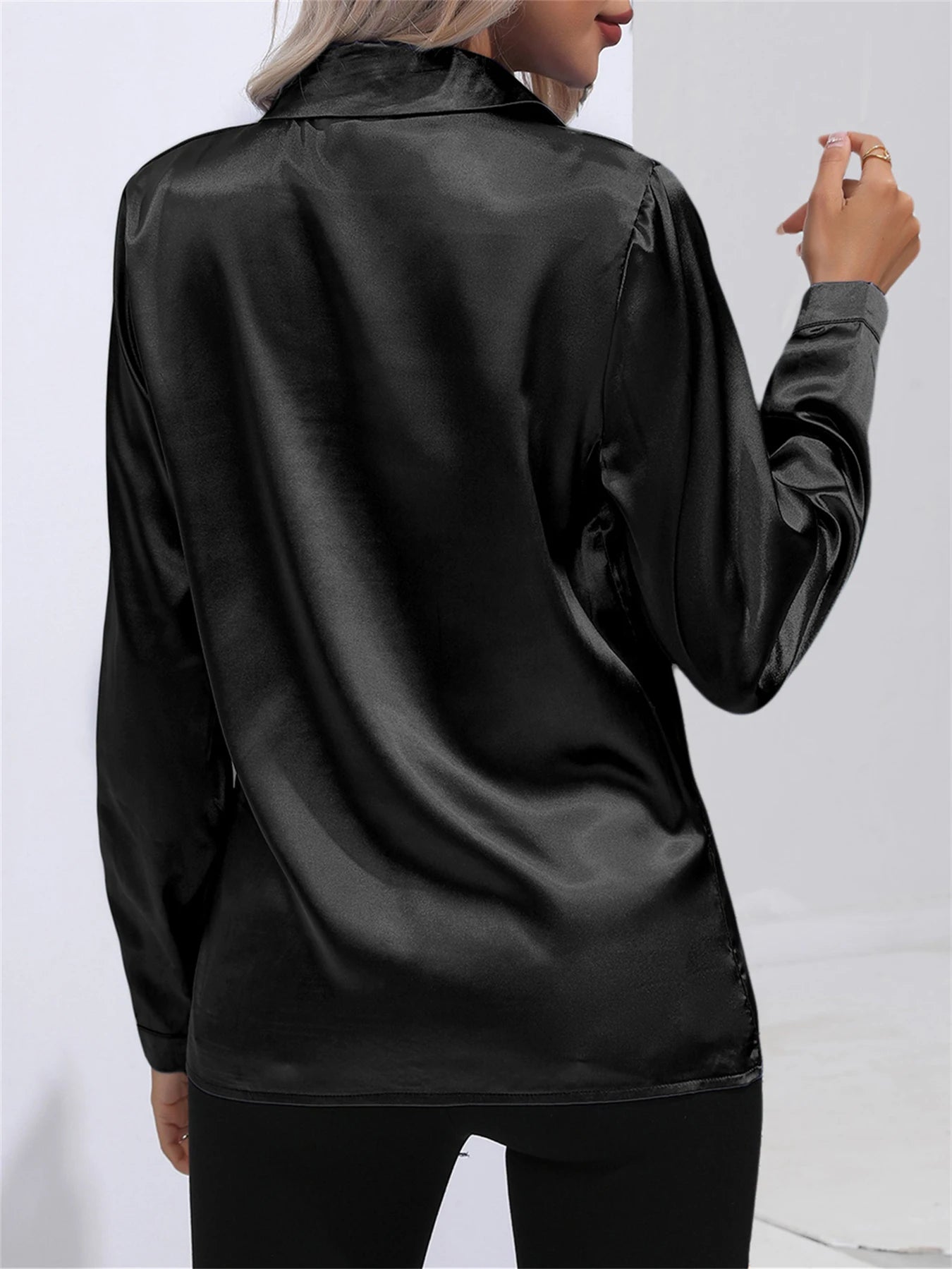 Elegant Turn-Down Collar One Button Satin Long Sleeve Shirt