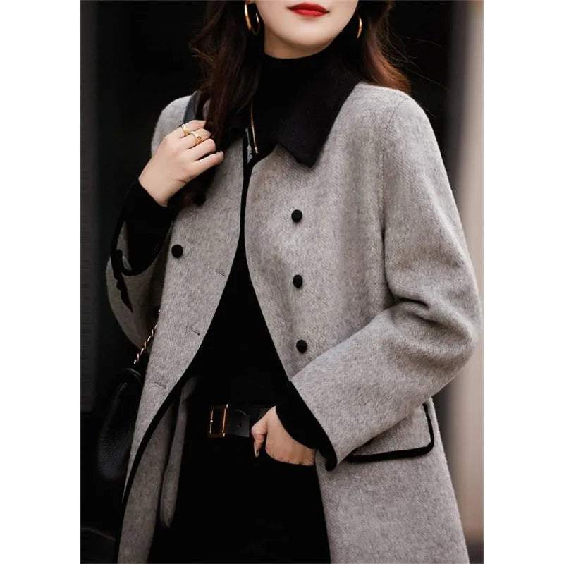 New  Winter High Quality Woolen Style Contrast Color Wool Overcoat Women