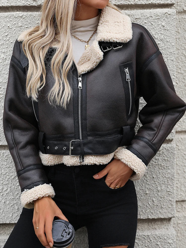 Vintage Women Thick Warm Short Faux Leather Jacket