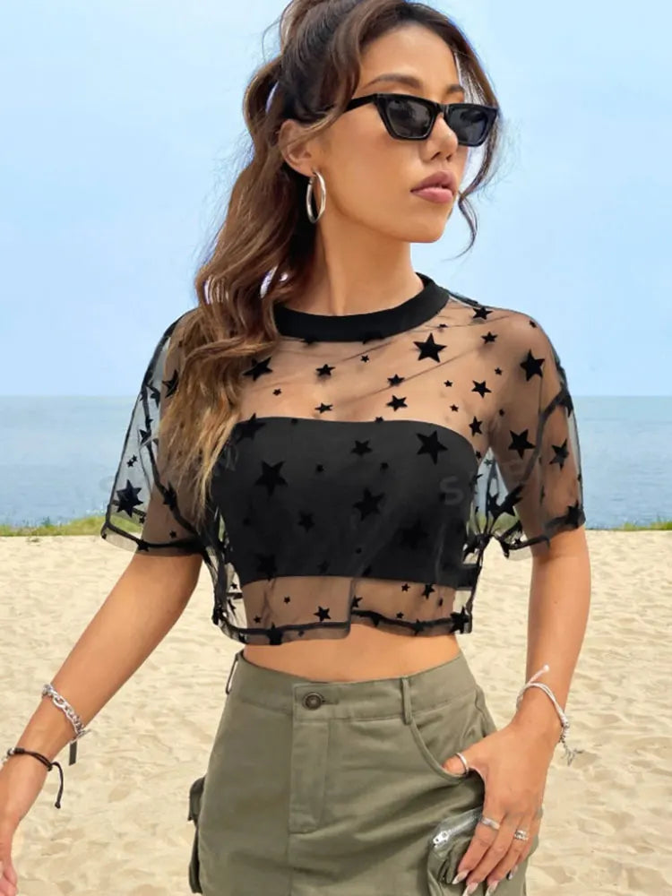 Drop Shoulder Crop Mesh Top