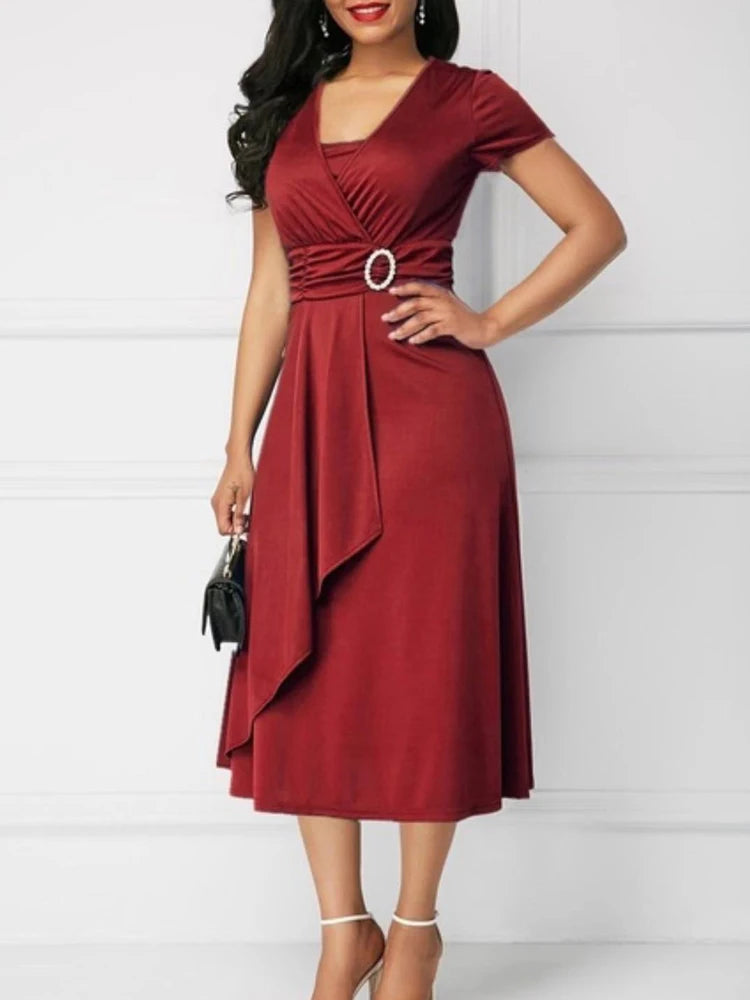 Sleeve V Neck  Waist Tight Midi Party Dress