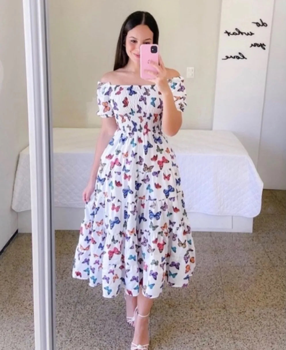 Off Shoulder High Waist Flower Print Short  Sleeve Dress