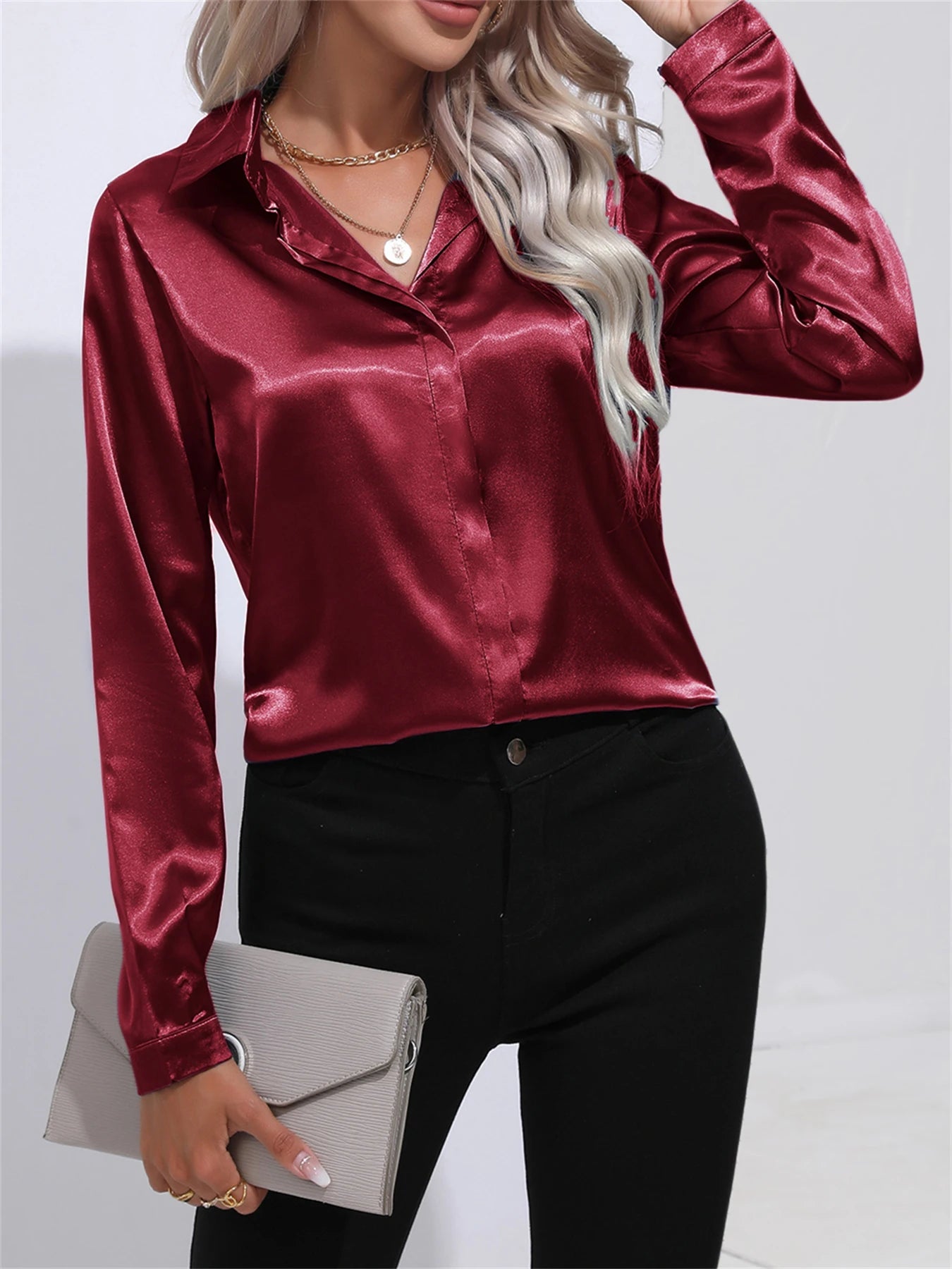 Elegant Turn-Down Collar One Button Satin Long Sleeve Shirt