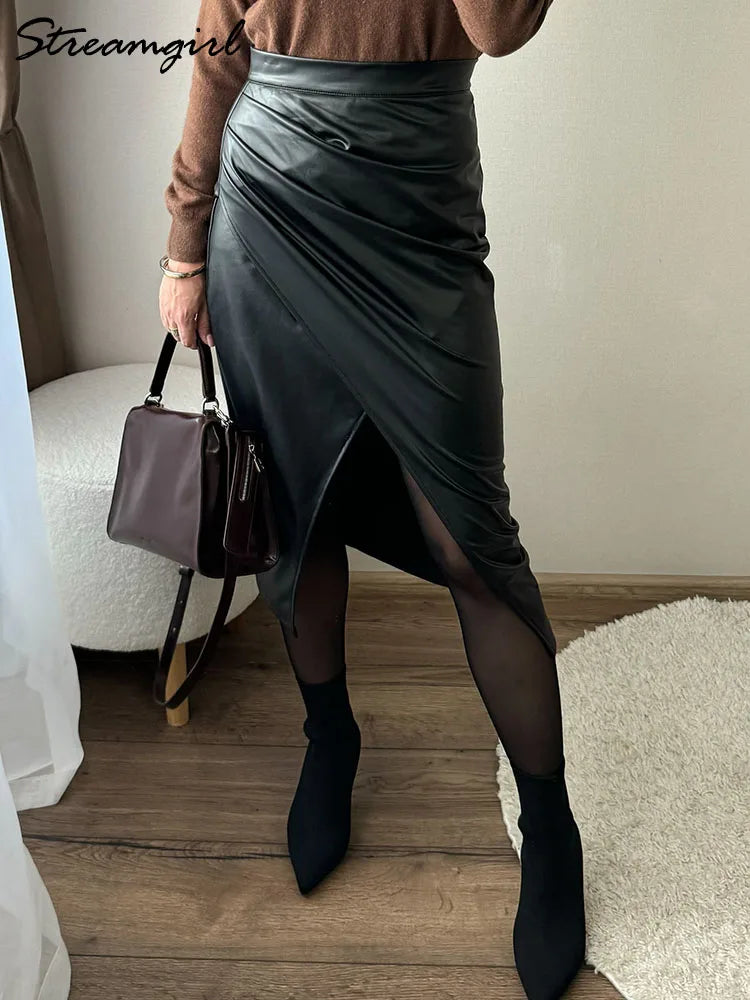 Black Faux Leather Folded Skirt