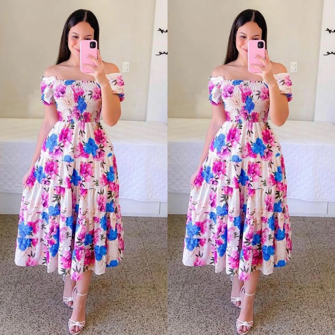 Off Shoulder High Waist Flower Print Short  Sleeve Dress