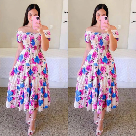 Off Shoulder High Waist Flower Print Short  Sleeve Dress