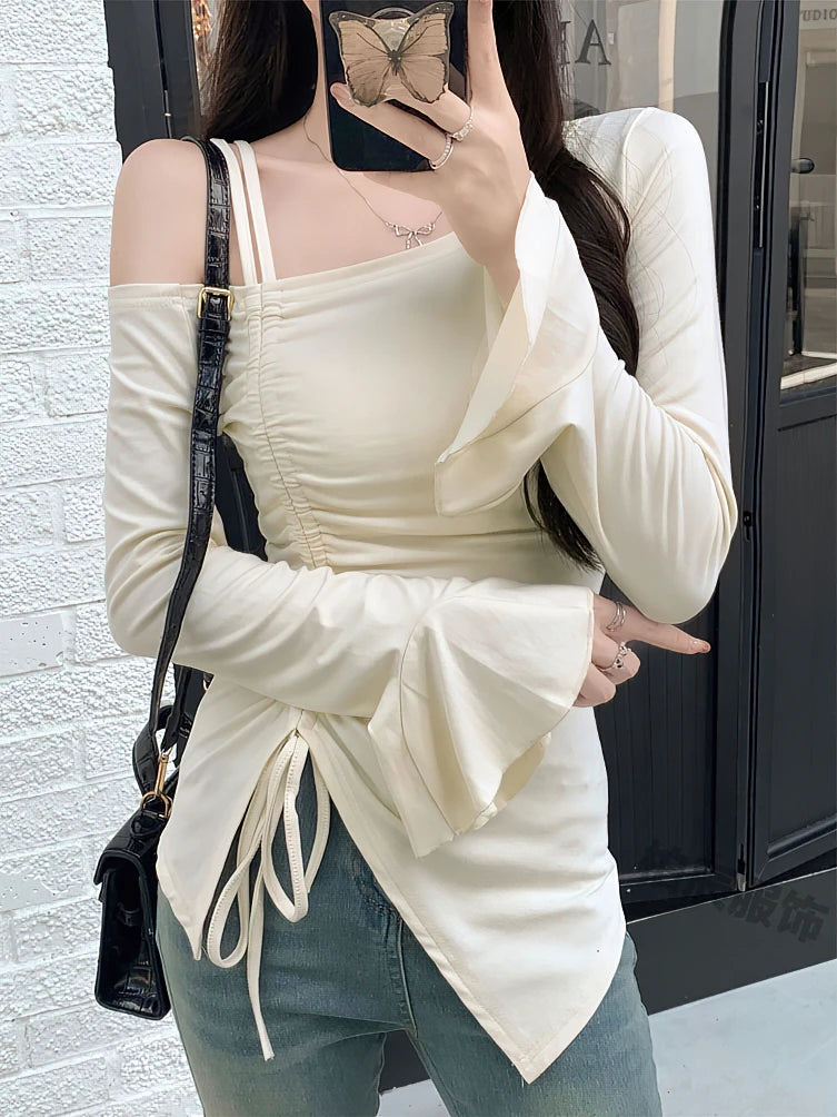 Sweet Sexy Drawstring Ribbon White Off Shoulder Top