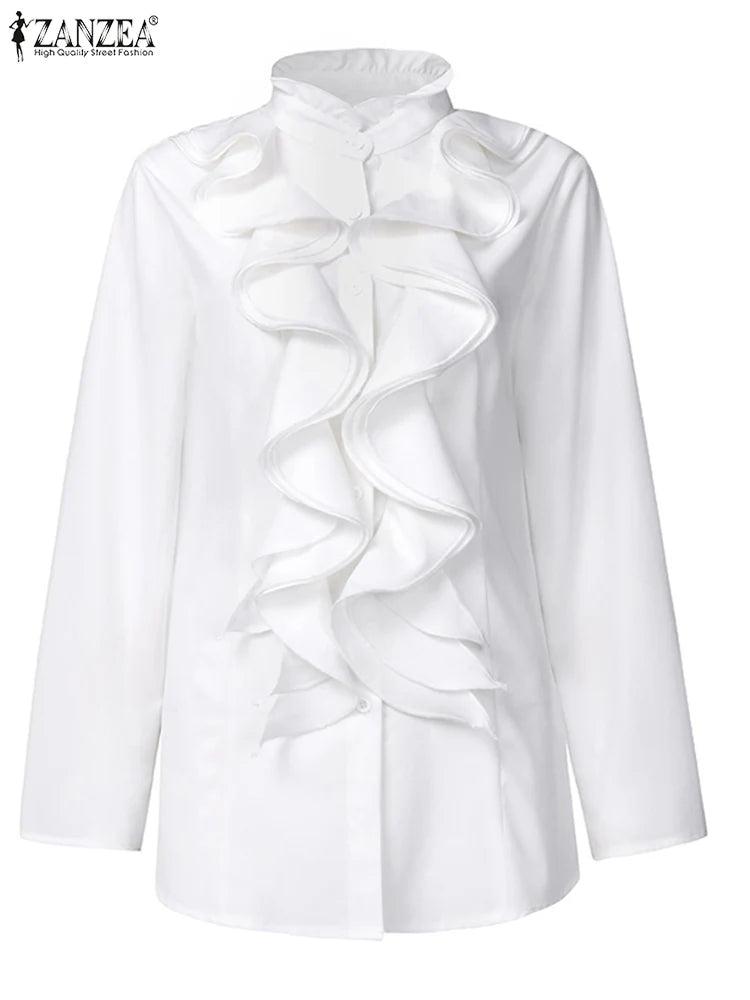 Elegant  White Blouse Ruffles Tops