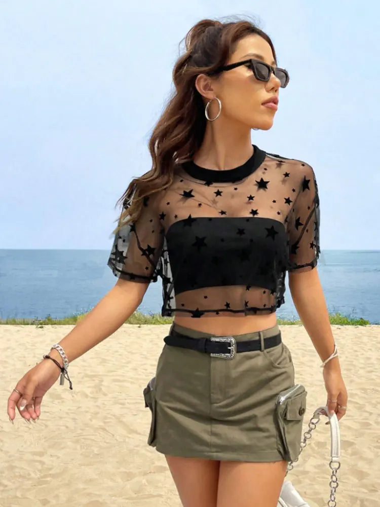 Drop Shoulder Crop Mesh Top