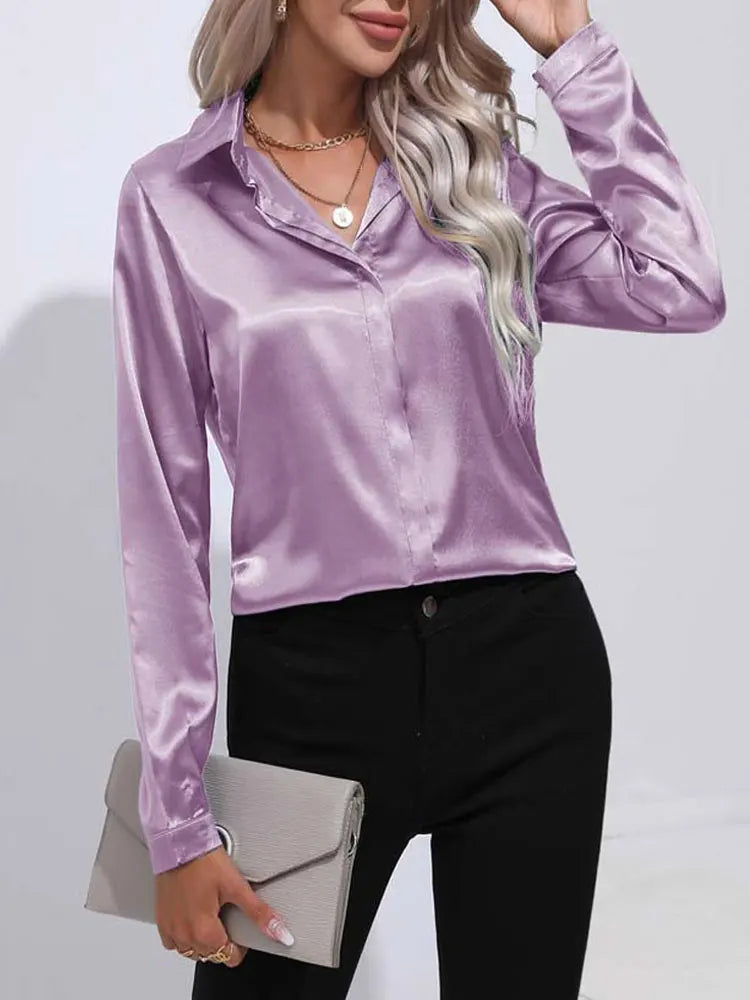 Spring Summer Satin Long Sleeve Office Shirt